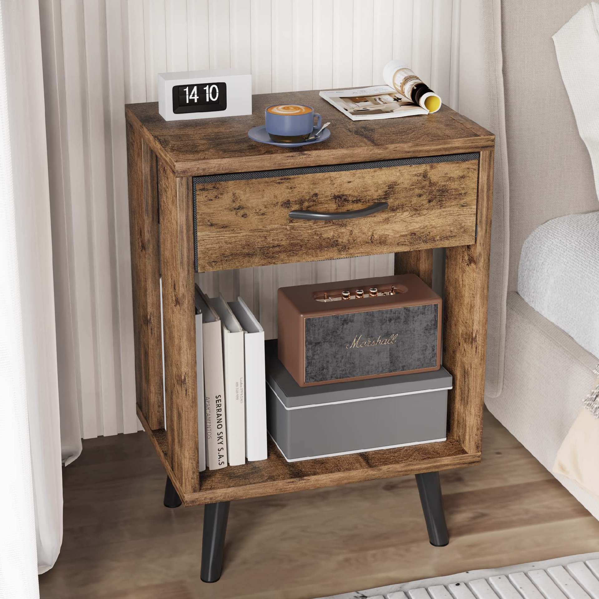 Nightstand with Fabric Storage Drawer and Open Wood Shelf