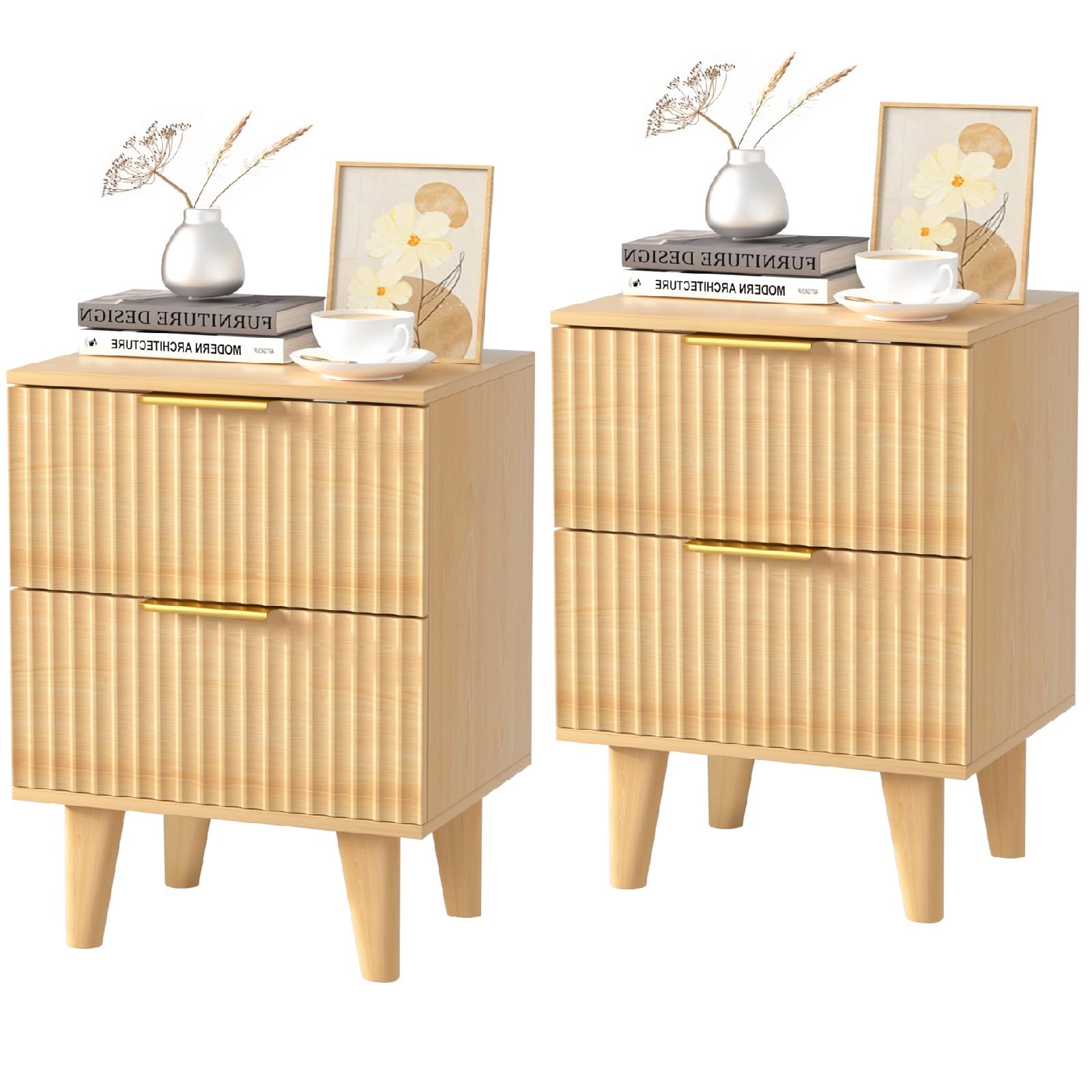 Nightstand Set of 2, Mid Century Modern End Table with 2 Fluted Drawers