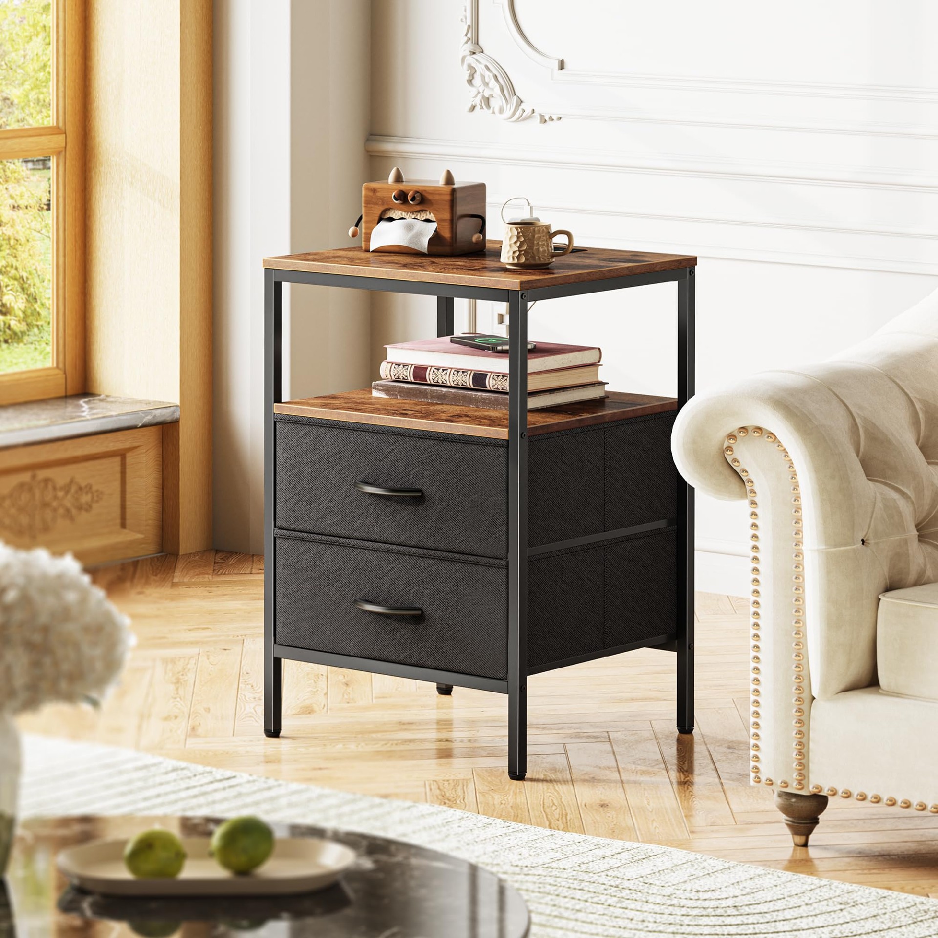 Nightstand with Charging Station, Side Table with Fabric Drawers, End Table with Open Shelf