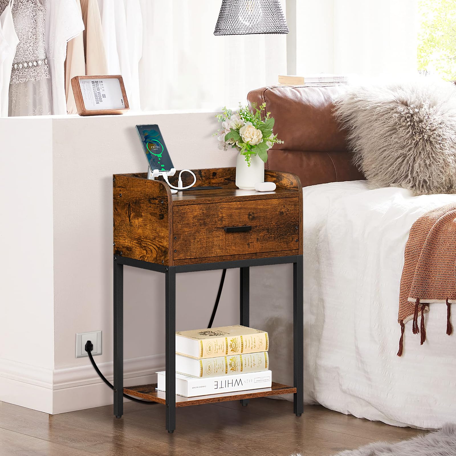 Nightstand with Charging Station, Night Stand with 2 Outlets and 2 USB Ports