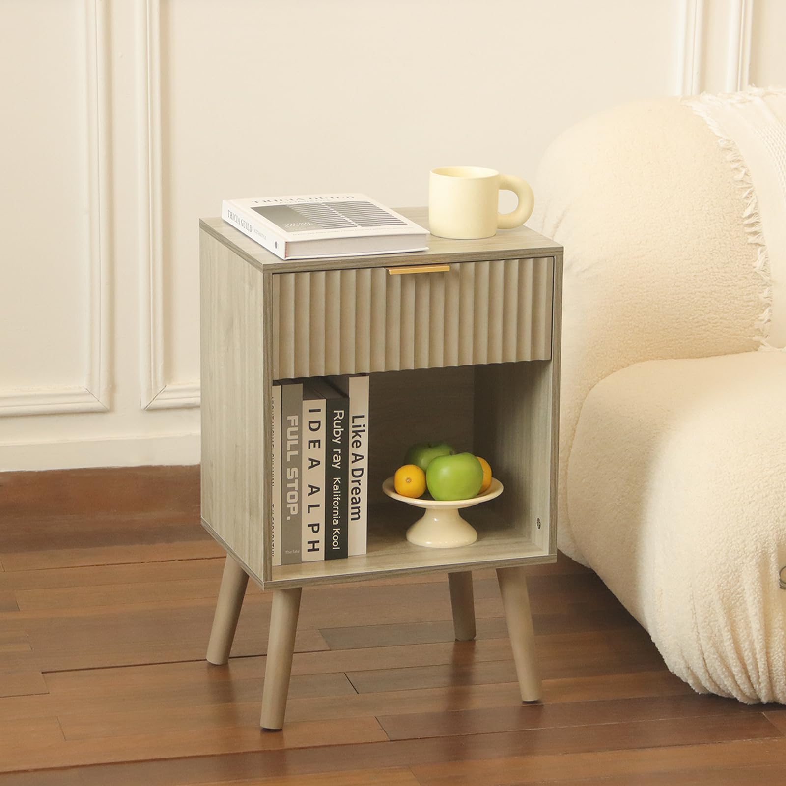 Mid Century Modern Nightstand, Wood Bedside Table with Drawer and Opening Storage