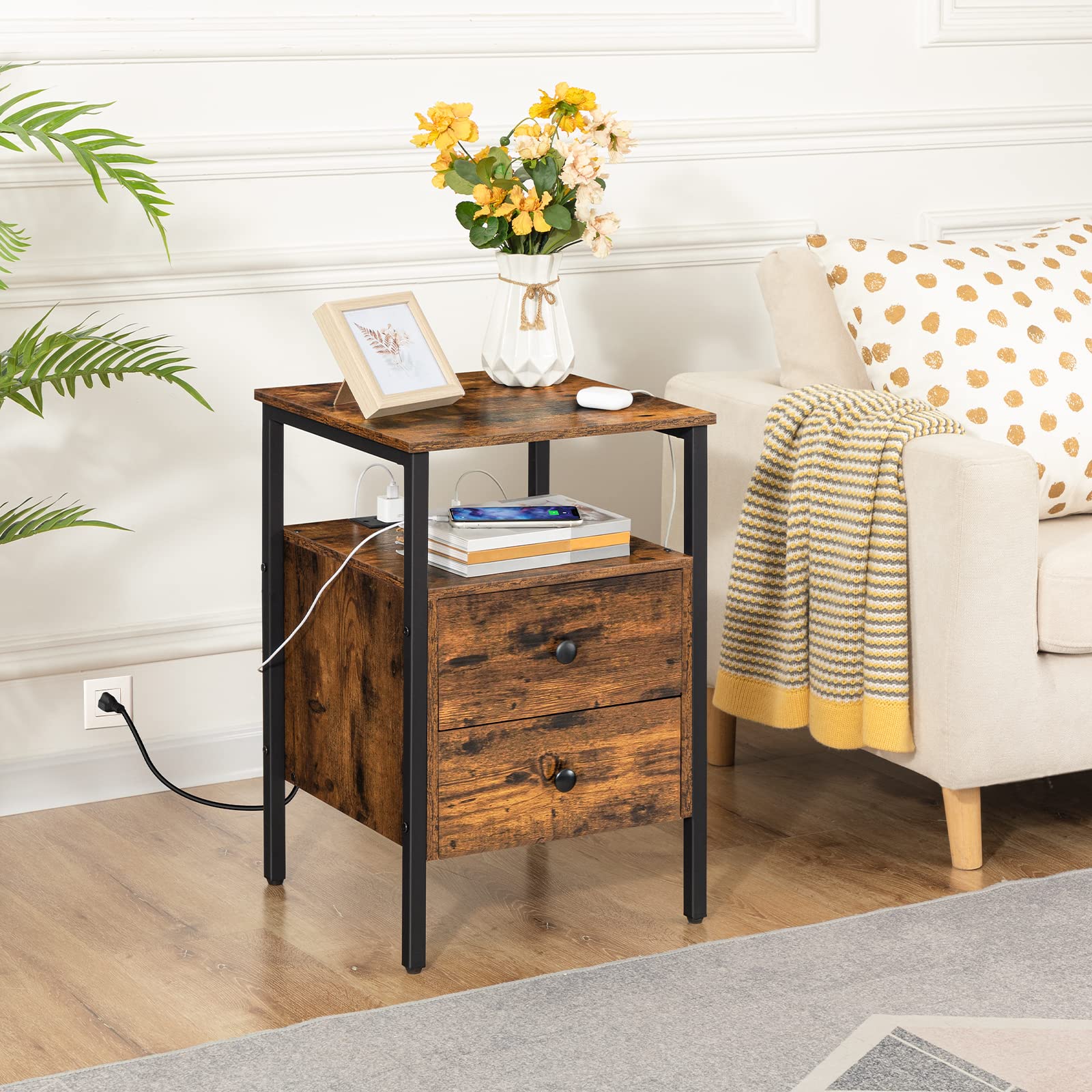 End Table with Charging Station, Bedside Table with 2 Drawer & USB Ports & Power Outlets