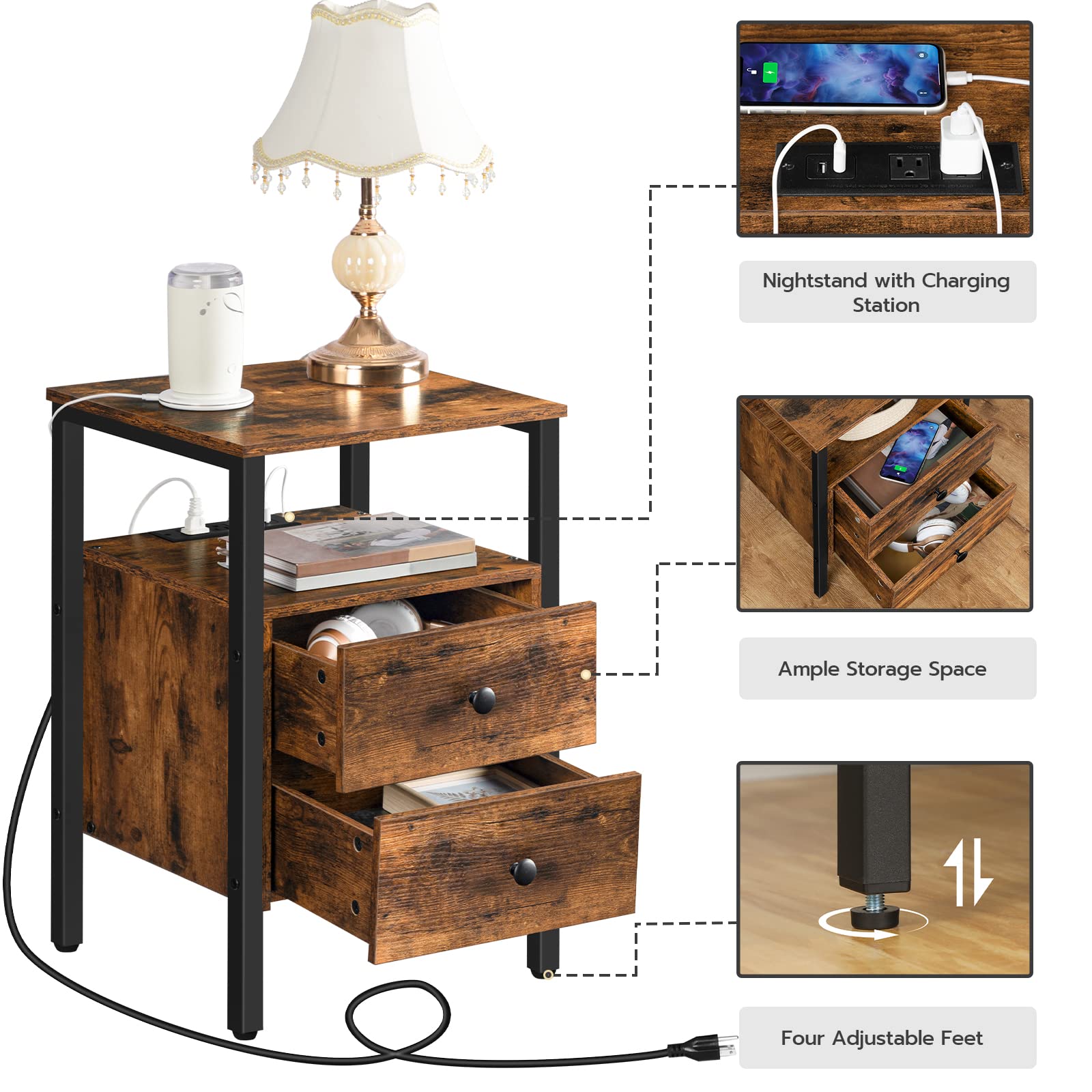 End Table with Charging Station, Bedside Table with 2 Drawer & USB Ports & Power Outlets