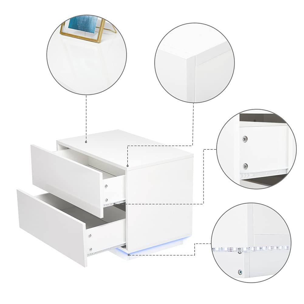 Bedside Table, LED High Gloss Bedside Table with 2 Drawers